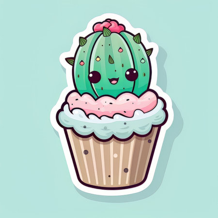 Cute kawaii cactus and cupcake vector illustration.の素材