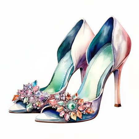 Watercolor illustration of a pair of high heel shoes with jewels.の素材