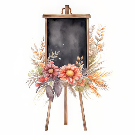 Watercolor chalkboard with autumn flowers and leaves. hand drawn illustrationの素材
