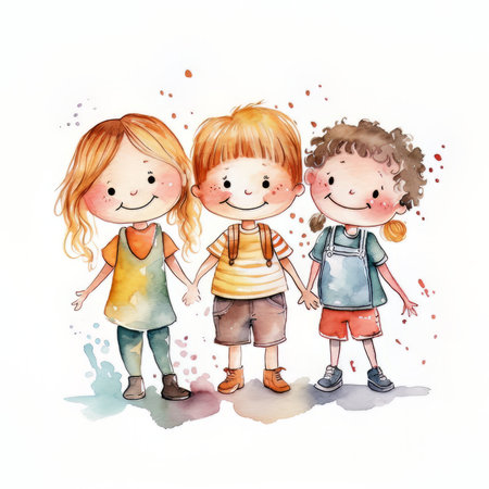 Happy children on white background. Watercolor illustration. isolated.の素材