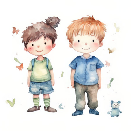 Cute boy and girl with butterflies. Watercolor hand drawn illustrationの素材