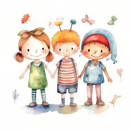 Cute kids, boy and girl, hand drawn watercolor illustrationの素材