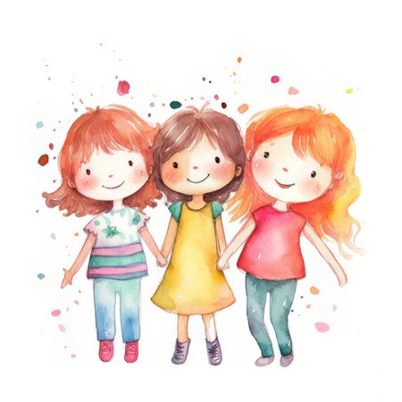 Cute little girls holding hands and smiling. Watercolor illustration.の素材