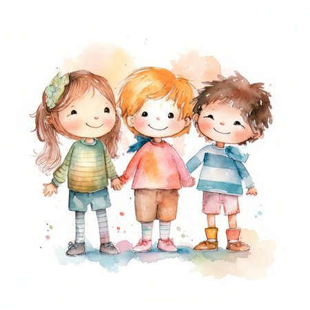 Cute little kids, hand drawn watercolor illustration on white backgroundの素材