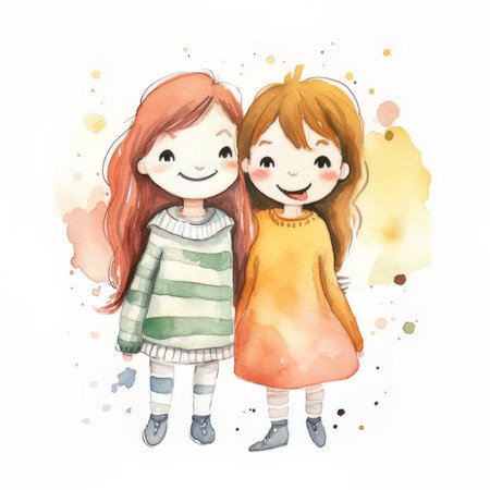 Watercolor illustration of two cute little girls with long hair in colorful dressesの素材