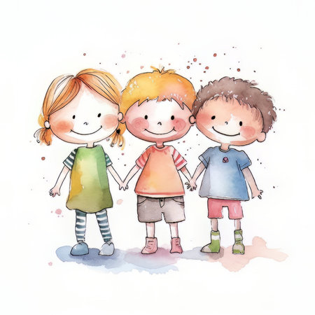 Happy children isolated on white background. Hand drawn watercolor illustration.の素材