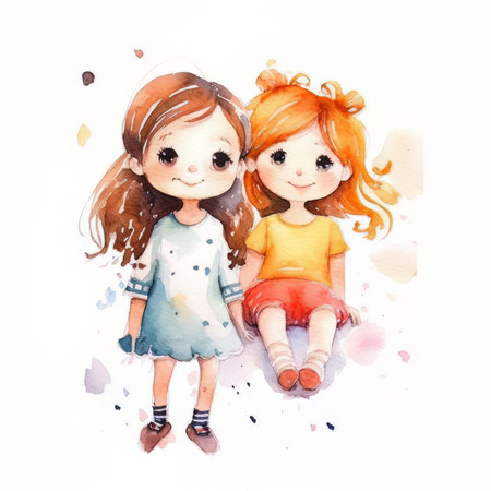Watercolor illustration of cute little girls with long hair, in colorful dresses.の素材