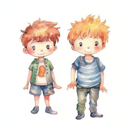 Two boys isolated on white background. Watercolor hand drawn illustration.の素材