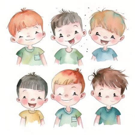 Cute cartoon boys with different emotions. Hand drawn watercolor illustration.の素材