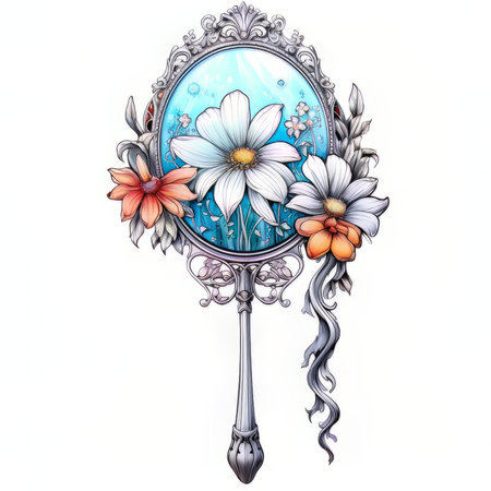 Vintage mirror with flowers on white background. Hand drawn illustration.の素材