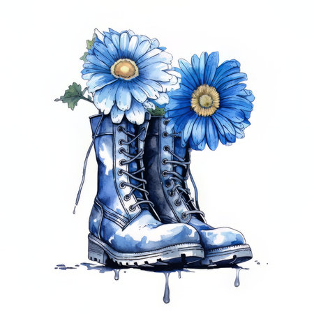 Watercolor illustration of a pair of blue boots with flowers on a white backgroundの素材