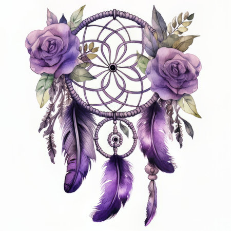 Watercolor dreamcatcher with feathers and rose. hand drawn illustrationの素材