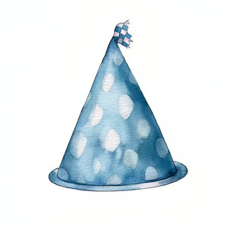 watercolor illustration of a blue party hat on a white background.の素材