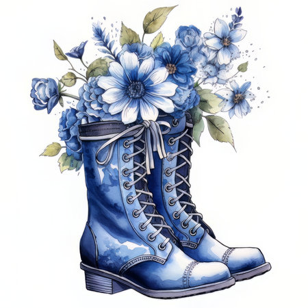 Watercolor blue boots with flowers. Hand drawn illustration on white backgroundの素材