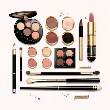 Makeup brushes and cosmetics set on white background. vector illustration.の素材