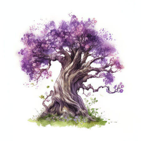 Beautiful watercolor illustration of a big old tree with pink flowers.の素材
