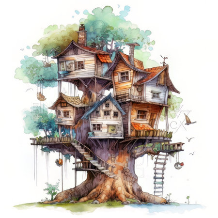 Watercolor illustration of a fairy-tale house on a tree.の素材