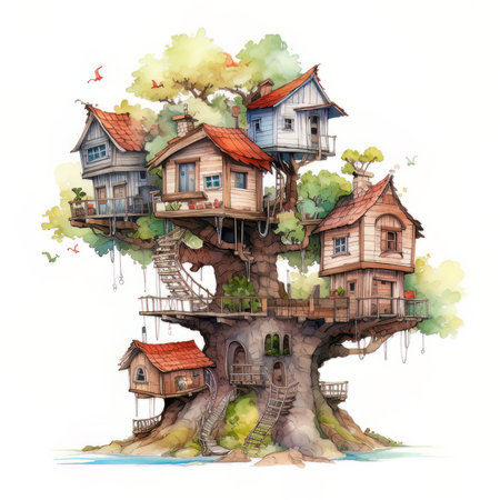 Watercolor illustration of a house on a tree. House on a tree.の素材