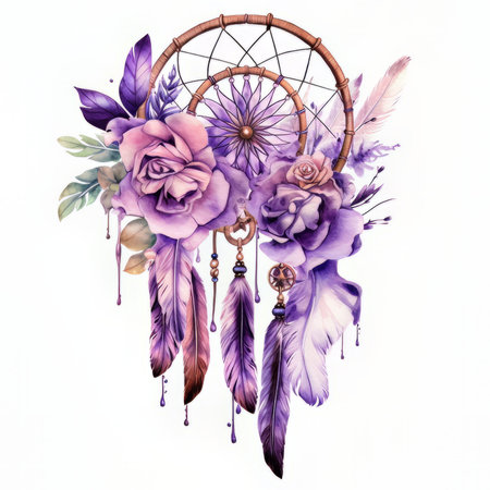 Dream catcher with feathers and flowers. Hand drawn watercolor illustration.の素材