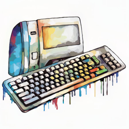 Computer keyboard and mouse in watercolor style. Hand drawn illustration.の素材