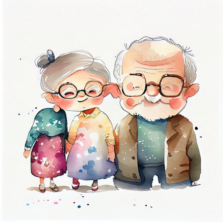 Grandfather and granddaughter together. Watercolor hand drawn illustration on white backgroundの素材