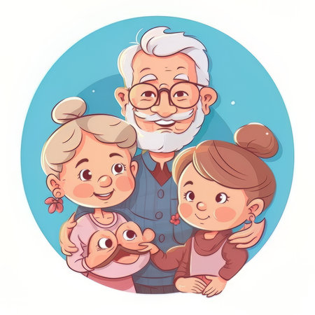 Grandfather with his grandchildren. Vector illustration in a cartoon style.の素材