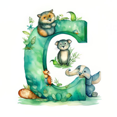 Alphabet letter G with animals and plants, hand-drawn illustrationの素材