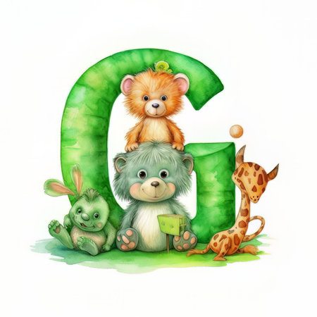 Alphabet G with cute animals. Watercolor illustration for children.の素材