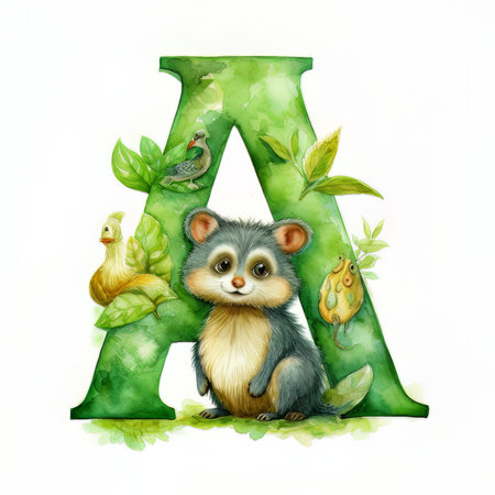 Alphabet letter A with cute cartoon animal. Watercolor illustration.の素材