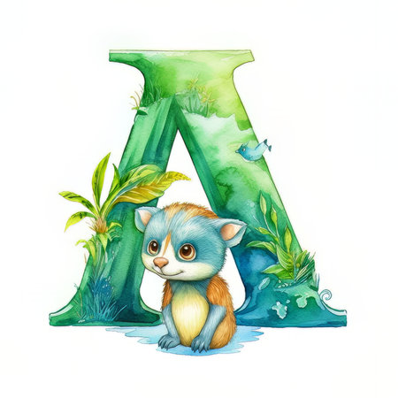 Alphabet letter A with cute cat. Watercolor illustration isolated on white backgroundの素材
