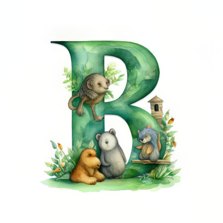 Alphabet letter B with cute animals. Hand drawn watercolor illustrationの素材