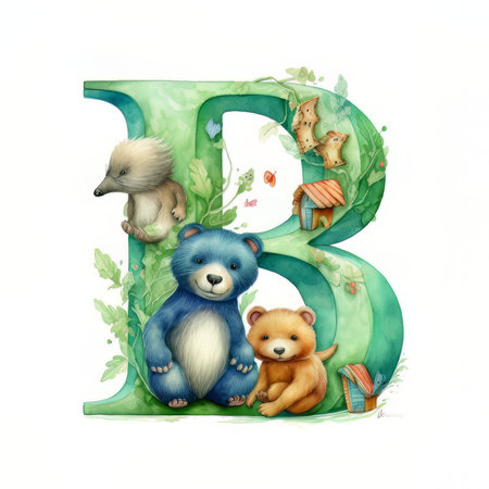 Alphabet B with cute animals isolated on white background. watercolor illustrationの素材