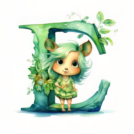 Little girl with green hair in green dress. Letter E. Watercolor illustration.の素材
