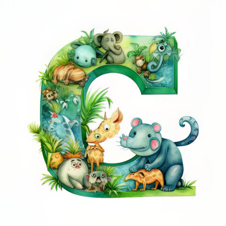 Font design for letter G with animals and plants - illustration for childrenの素材