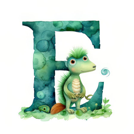 Alphabet letter E with green dinosaur on white background - watercolor illustrationの素材