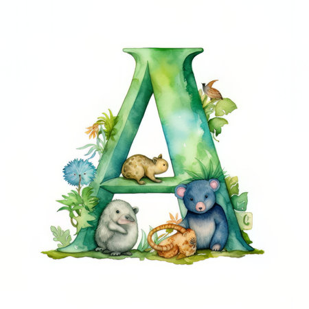 Alphabet letter A with cute animals. Watercolor hand drawn illustrationの素材