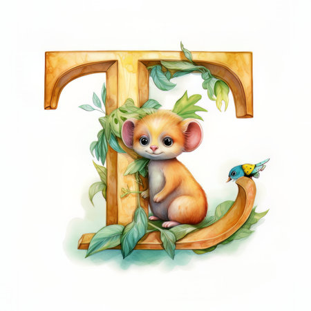 Font design for the letter T with cute little monkey in the garden illustrationの素材