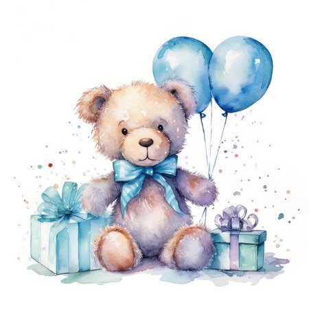 Watercolor illustration of a teddy bear with gift boxes and balloonsの素材