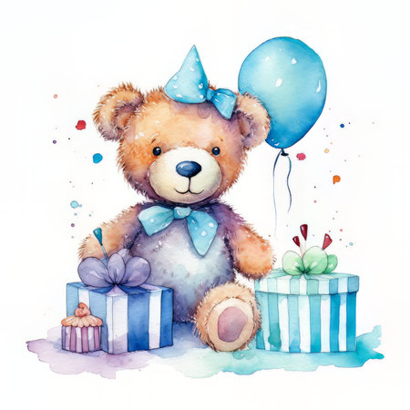 Cute cartoon teddy bear with birthday present, watercolor illustrationの素材