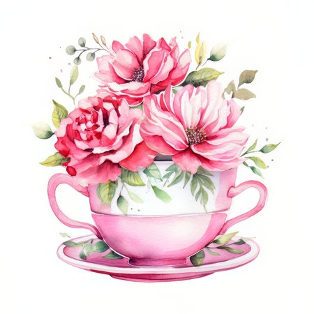 Watercolor illustration of a cup of tea with pink peony flowersの素材