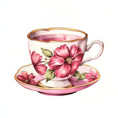 Cup of tea with pink flower. Watercolor illustration isolated on white backgroundの素材