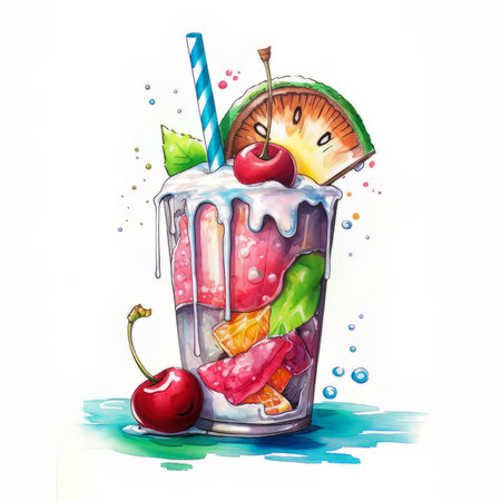 Watercolor illustration of a glass of fruit smoothie. hand drawn illustrationの素材