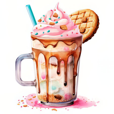 Mug of milkshake with whipped cream and cookies. watercolor illustrationの素材