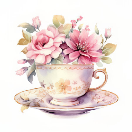 Vintage porcelain cups and saucers with flowers. watercolor illustrationの素材