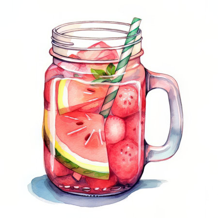 Watercolor illustration of glass jar with watermelon and lemonade.の素材