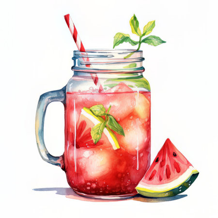 Watermelon mojito in mason jar. hand drawn illustrationの素材