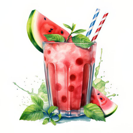 Watercolor illustration of a glass of watermelon smoothie with mint leavesの素材