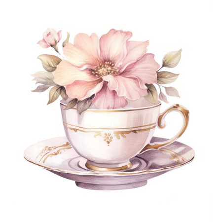 Vintage porcelain cups and saucers with flowers. Watercolor illustration.の素材