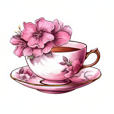 Cup of tea with pink hibiscus flowers. vector illustration.の素材