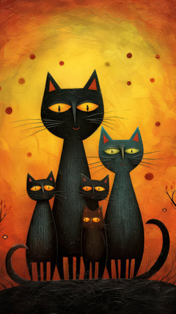 Three black cats in a row with yellow and orange background, illustrationの素材